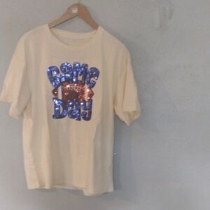Cream & Blue Game Day Shirt – Size Large, Sequin Lettering & Football Design